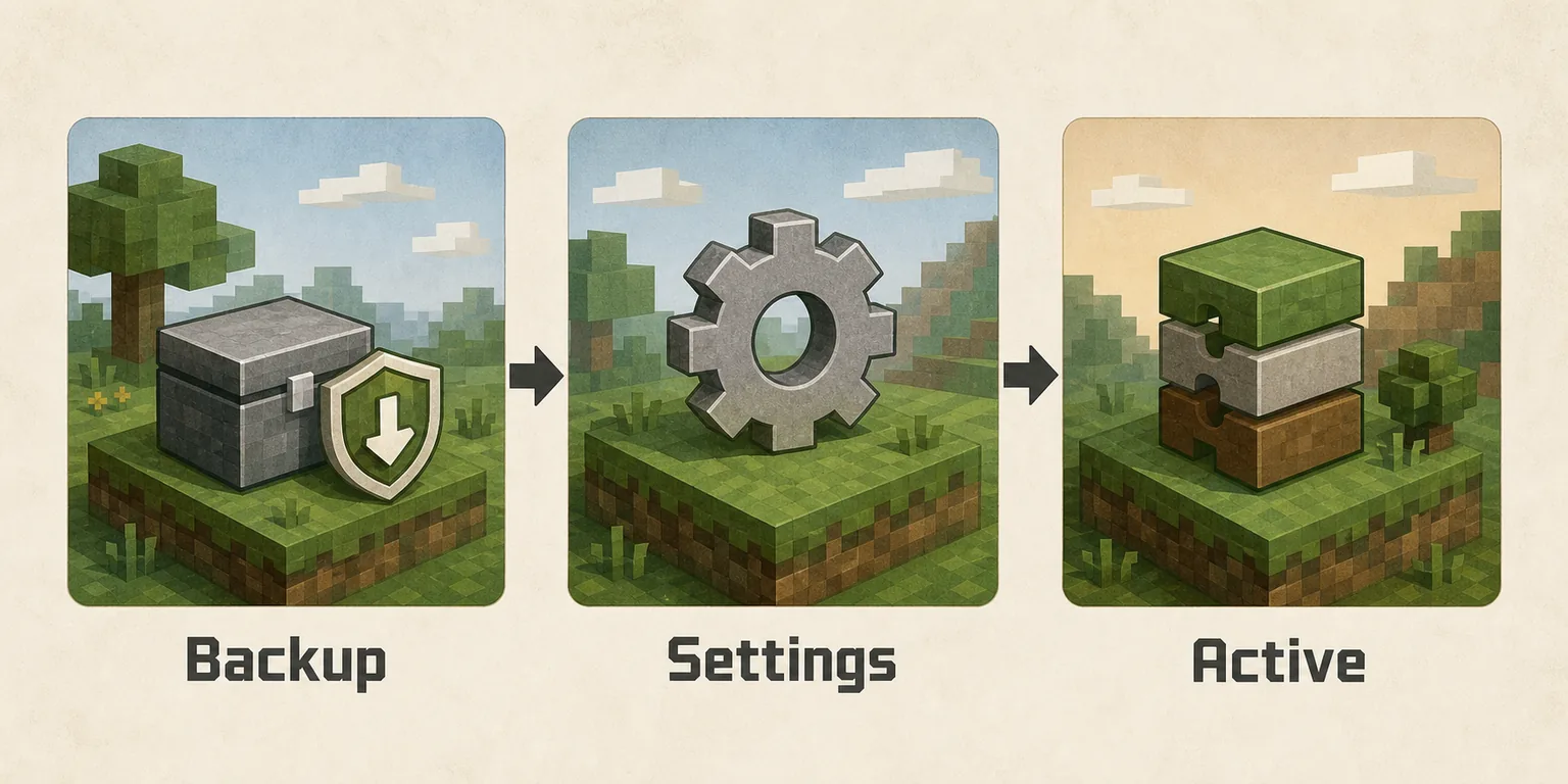 Redaktionelle Zeitleiste mit Backup, Einstellungen und Aktivierung für Bedrock-Add-ons