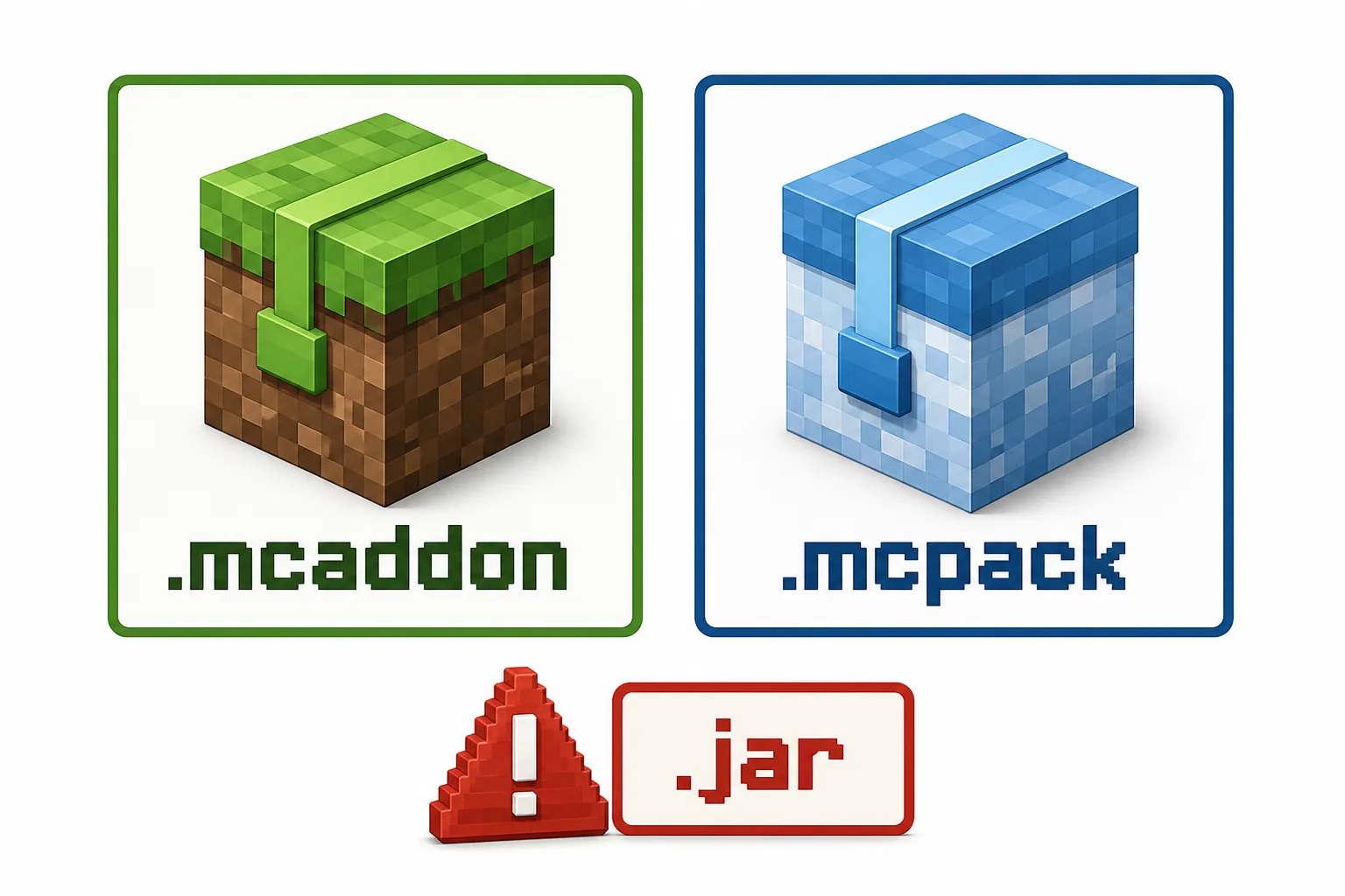 Vergleich der Dateitypen .mcaddon, .mcpack und .jar für Minecraft-Bedrock-Add-ons