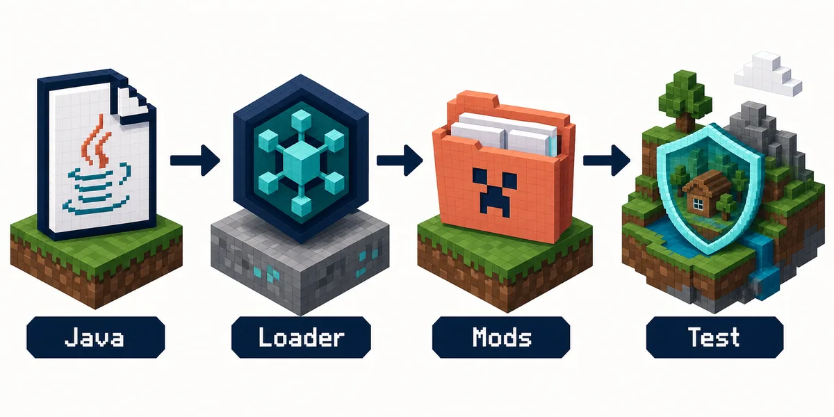 Ilustración editorial de un mod de Minecraft Java que pasa de la fuente a un perfil con loader y después a un mundo de prueba