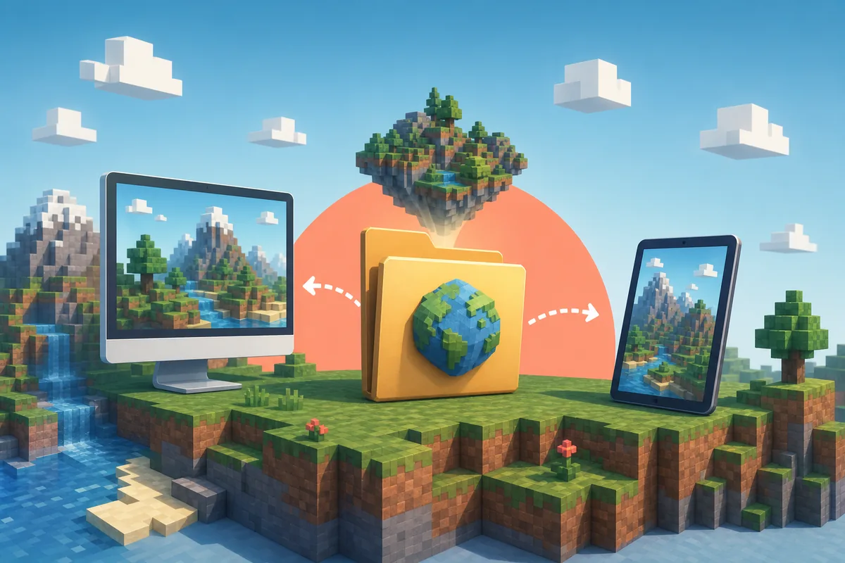 Editorial concept of a Bedrock world map package moving between a computer and a tablet