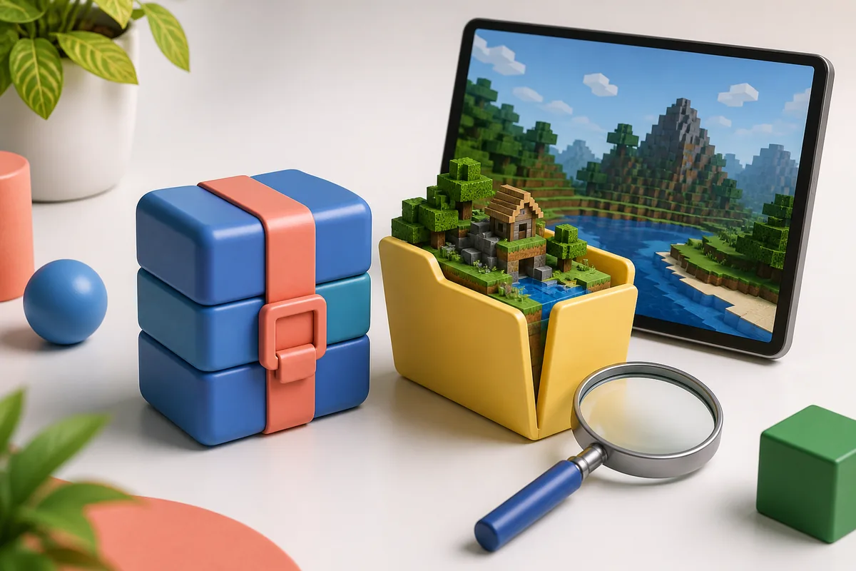 Editorial still life showing a generic world package, a Bedrock world folder, a tablet, and a magnifying glass