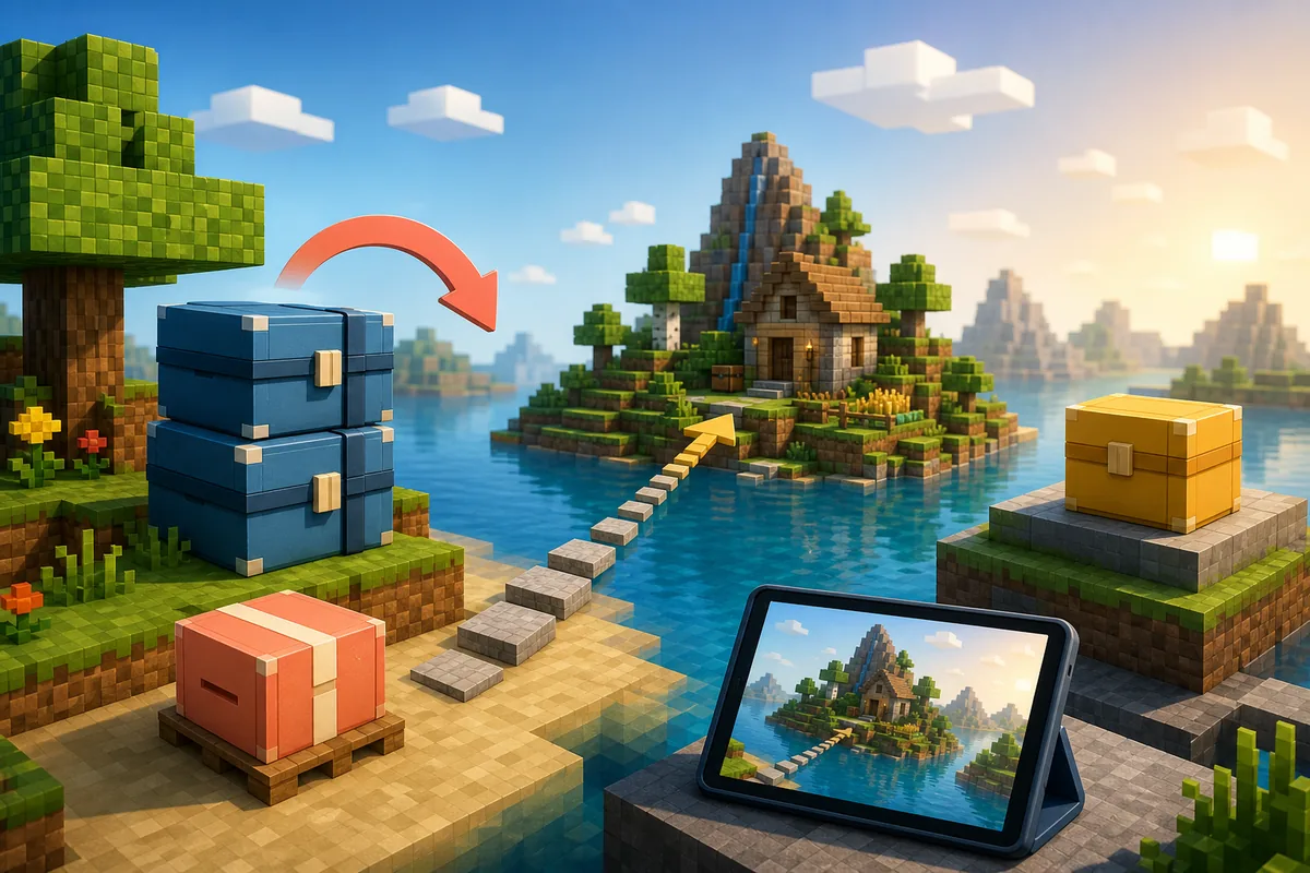 Editorial concept of a copied test world leading from backup boxes to a Bedrock island map