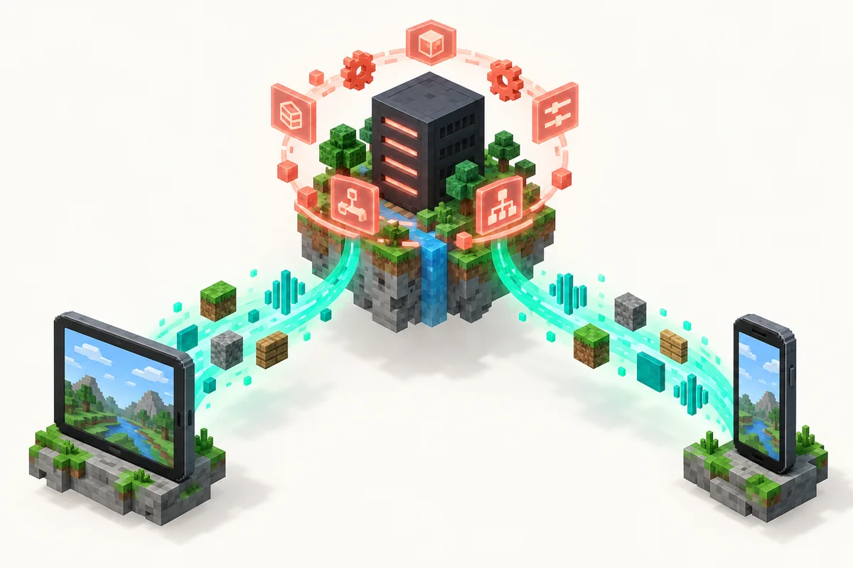 Illustration conceptuelle d'un serveur Bedrock appliquant des règles et proposant des ressources à deux appareils joueurs connectés