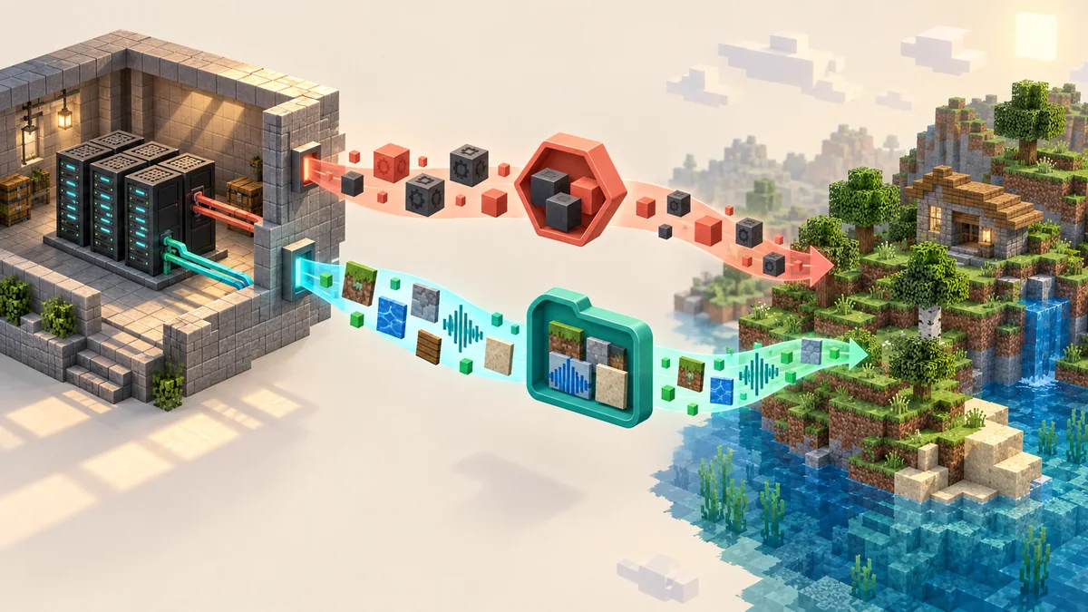 Illustration conceptuelle de packs de comportement et de ressources installés sur un serveur Bedrock puis testés dans un monde