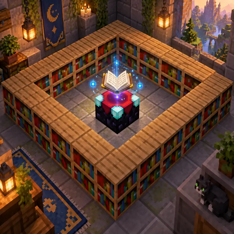 Original voxel illustration of a Minecraft enchanting table inside a bookshelf ring with an open gap and floating experience orbs; explanatory art, not a gameplay screenshot