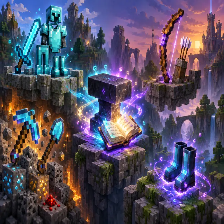 Original voxel illustration grouping enchanted sword and armor, mining tools, a bow, and travel boots around an anvil; editorial comparison art, not a real game screenshot