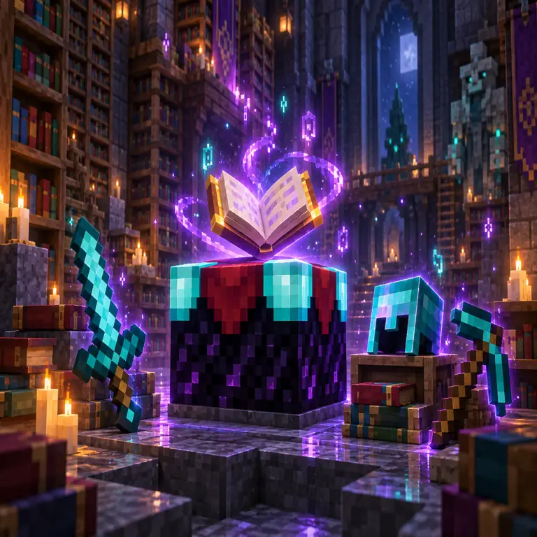 Original explanatory voxel illustration of a Minecraft enchanting table with an enchanted book, diamond sword, armor, and pickaxe in a library; not a real gameplay screenshot
