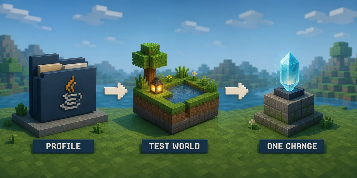 Editorial three-step flow from a clean Java profile to a copied test world and one shader change