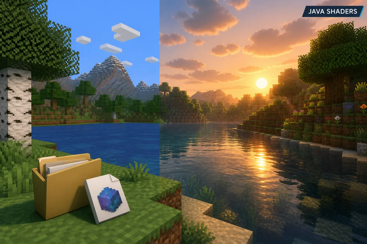 Editorial illustration comparing ordinary and enhanced lighting across a Java-style voxel lake scene