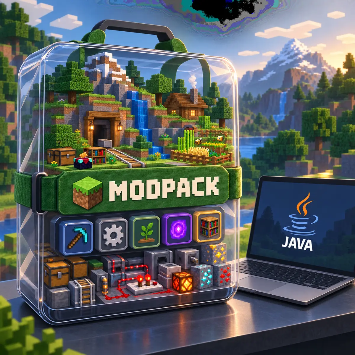 Redaktionelle Darstellung eines Minecraft-Java-Modpacks mit Welt, Werkzeugen, Automatisierung und Inhaltsdateien neben einem Laptop