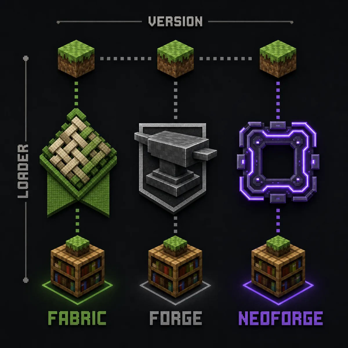 Redaktioneller Vergleich von Fabric-, Forge- und NeoForge-Loadern mit passenden Minecraft-Versionen