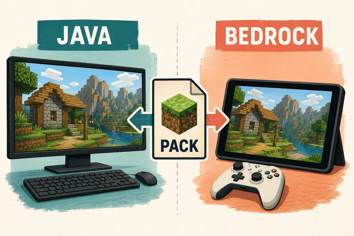 Editorial comparison of a Minecraft resource pack workflow for Java on a desktop and Bedrock on a controller device