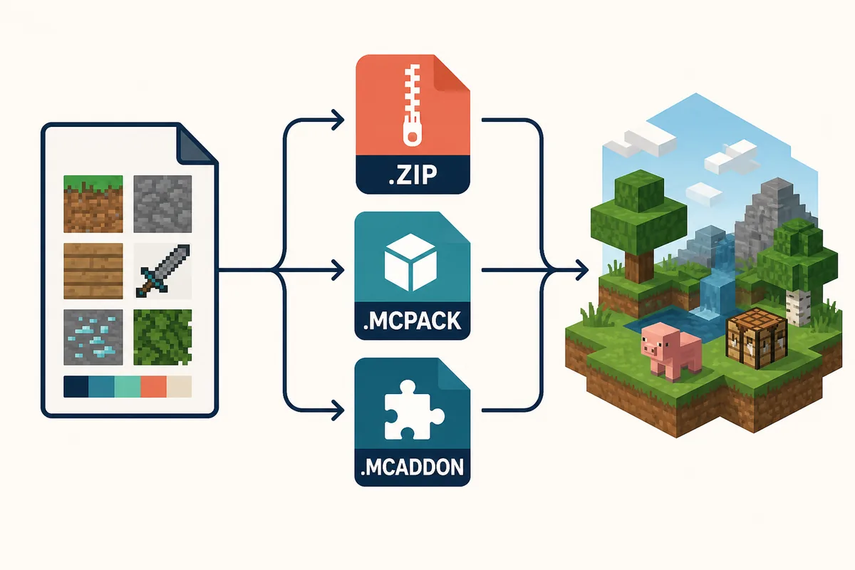 Editorial diagram showing a Minecraft content source branching into ZIP, MCPACK, and MCADDON package types