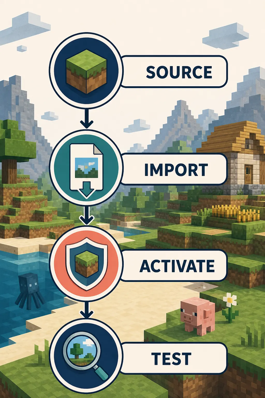 Editorial four-step Minecraft resource pack flow from source and import to activation and a copied-world test