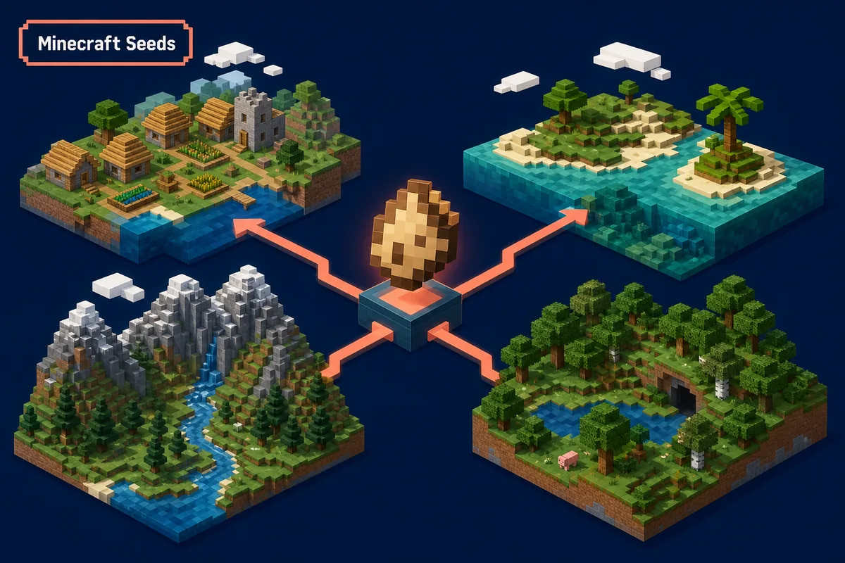 Editorial illustration of one Minecraft world seed branching into village, island, mountain, and forest starting areas