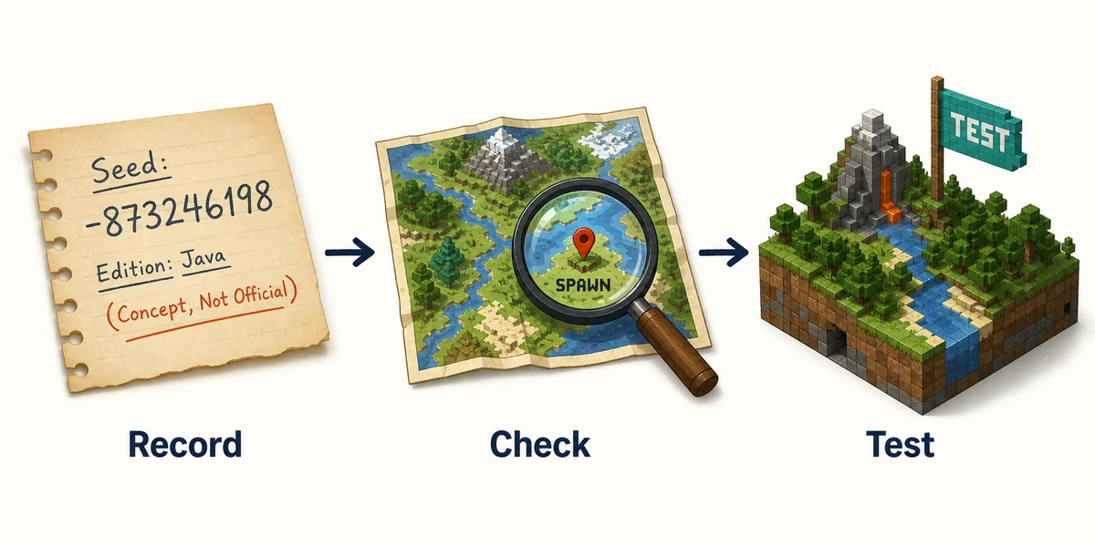 Editorial three-step flow for recording a Minecraft seed, checking its spawn area, and testing a copied world